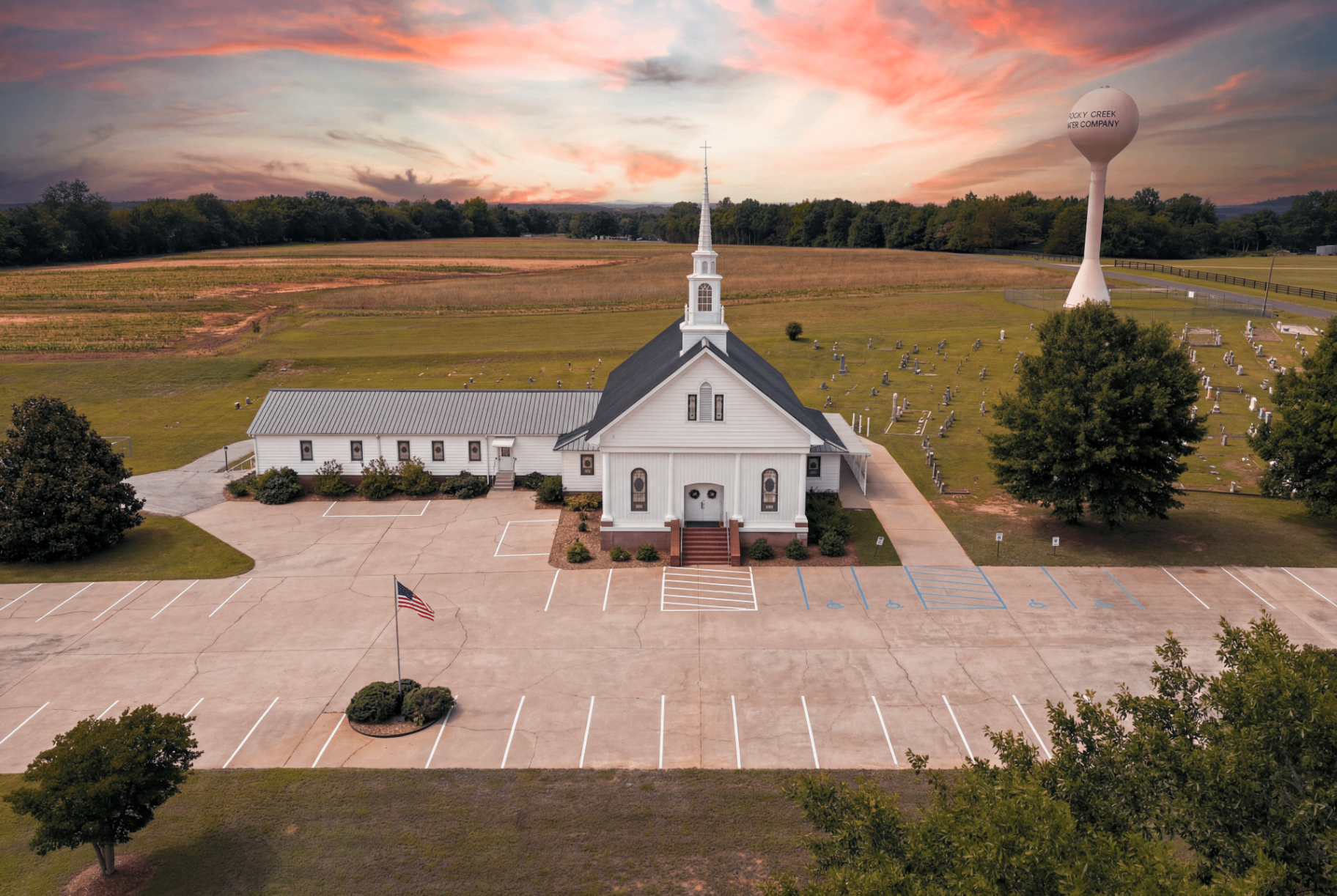 Mount Joy Church aerial at sunset